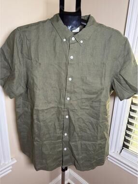 Everlane 100% European Linen Short Sleeve Button Front Shirt Olive Green Men’s L